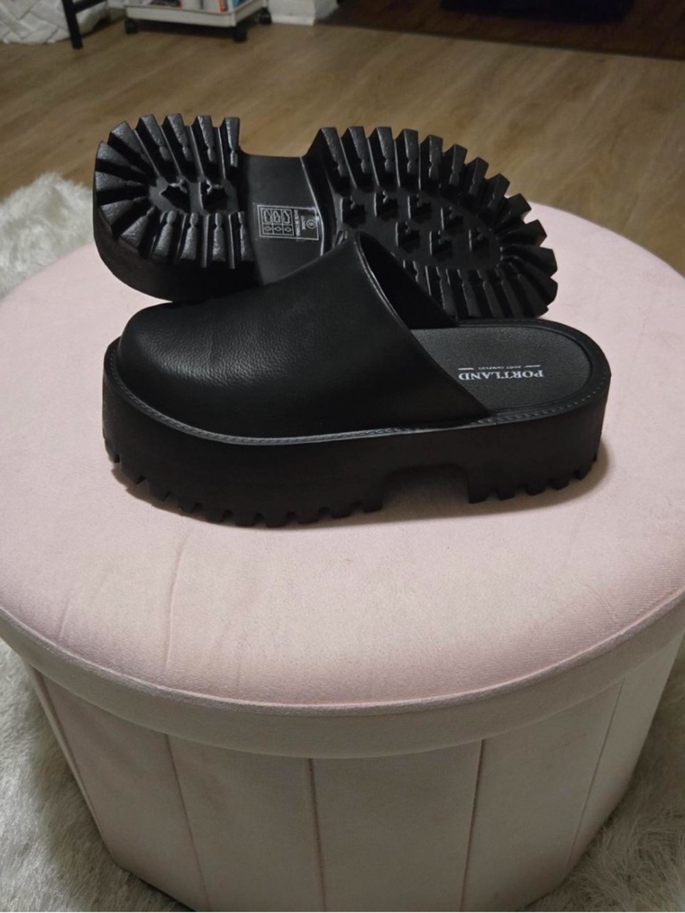 Portland Black Platform Slide Clogs with Lug Sole